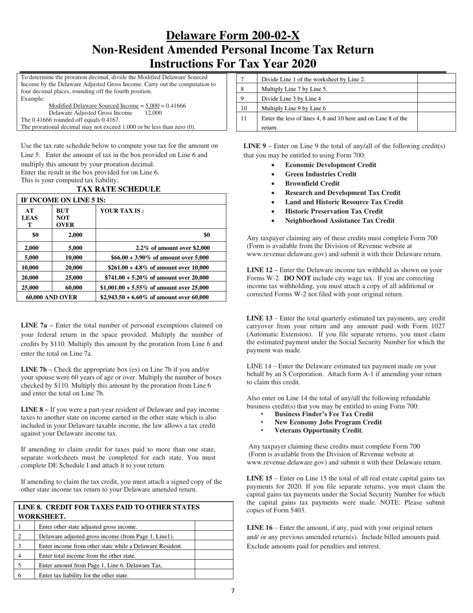 Instructions for Form 200-02-X Non-resident Amended Personal Income Tax Return - Delaware, Page 7