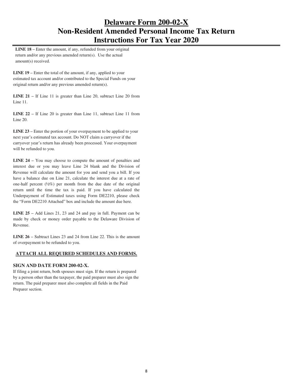 Instructions for Form 200-02-X Non-resident Amended Personal Income Tax Return - Delaware, Page 8