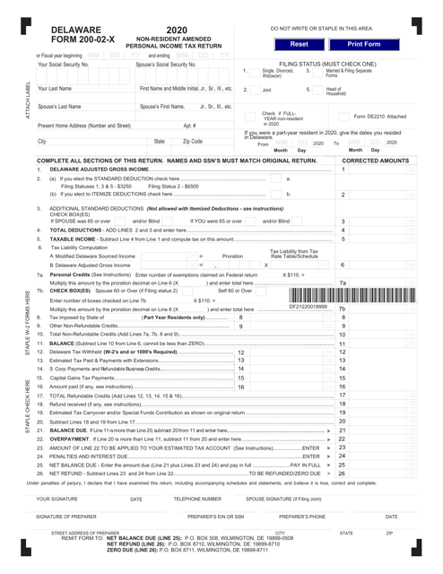 Form 200-02-X Non-resident Amended Personal Income Tax Return - Delaware, 2020