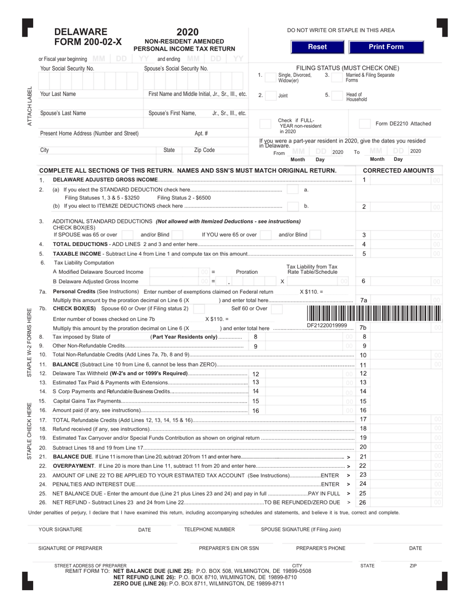 Form 200-02-X Non-resident Amended Personal Income Tax Return - Delaware, Page 1