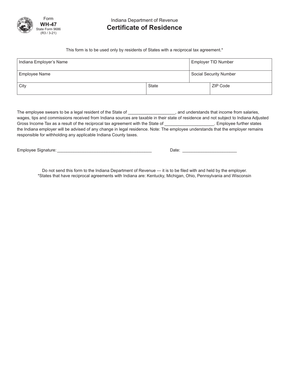 Form WH-47 (State Form 9686) Certificate of Residence - Indiana, Page 1