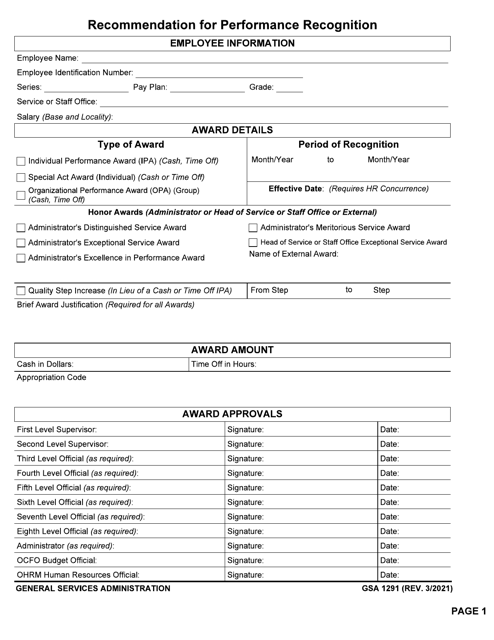 GSA Form 1291  Printable Pdf