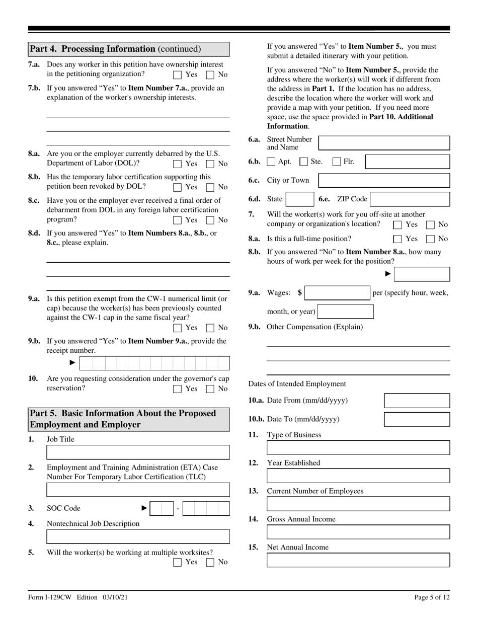 USCIS Form I-129CW Petition for a CNMI-Only Nonimmigrant Transitional Worker, Page 5