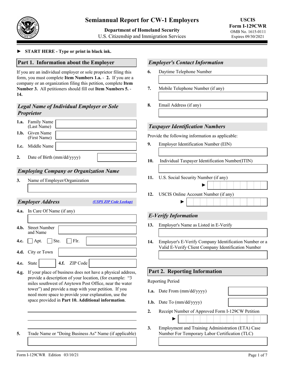 USCIS Form I-129CWR Semiannual Report for CW-1 Employers, Page 1