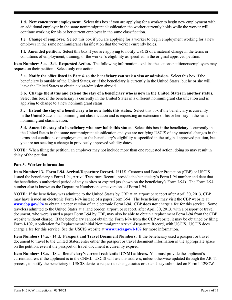 Instructions for USCIS Form I-129CW Petition for a CNMI-Only Nonimmigrant Transitional Worker, Page 9