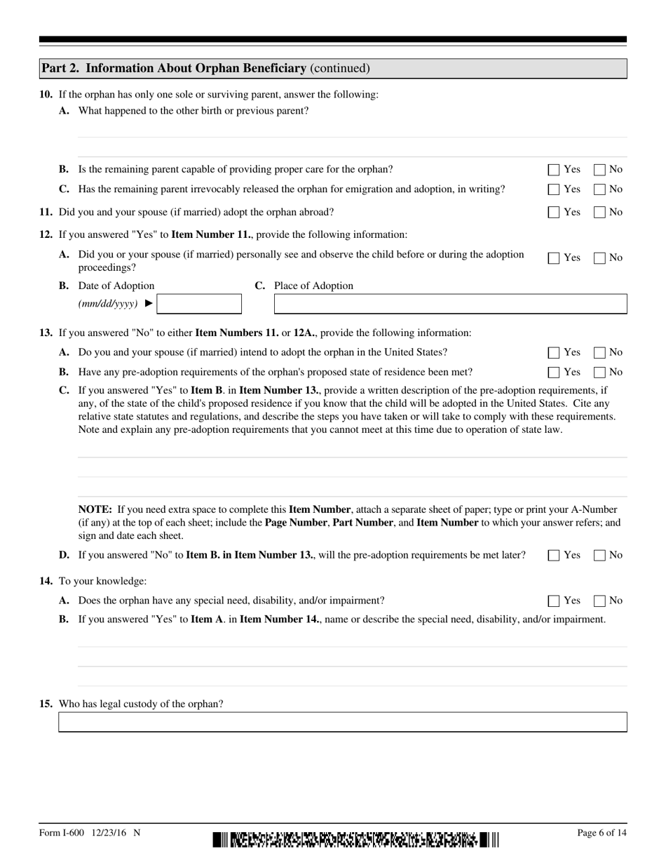 USCIS Form I-600 Petition to Classify Orphan as an Immediate Relative, Page 6