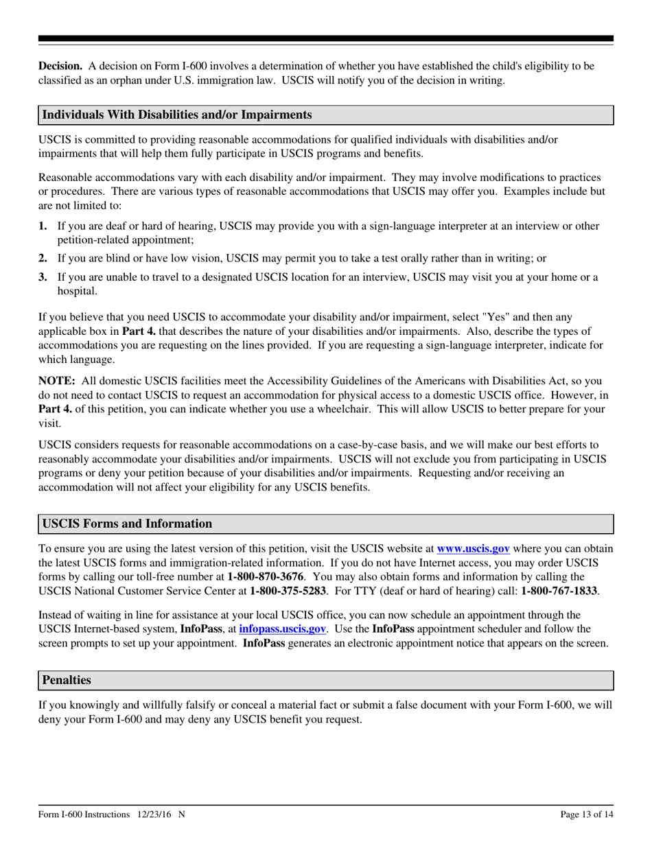 Instructions for USCIS Form I-600 Petition to Classify Orphan as an Immediate Relative, Page 13