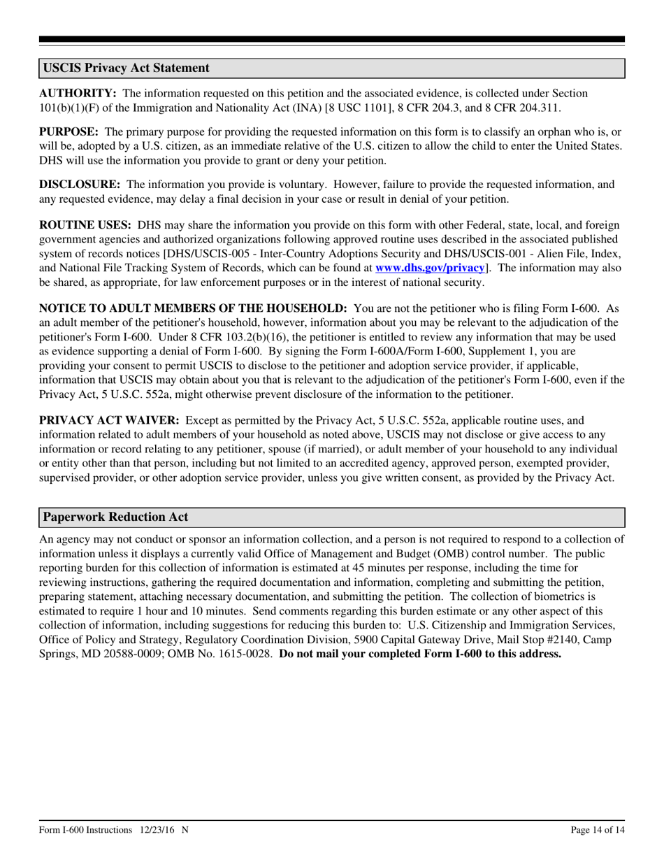 Instructions for USCIS Form I-600 Petition to Classify Orphan as an Immediate Relative, Page 14