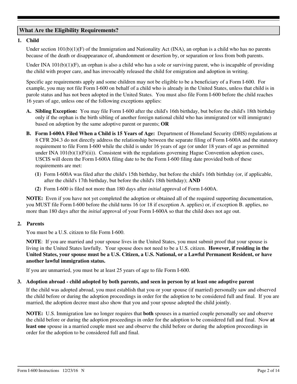 Instructions for USCIS Form I-600 Petition to Classify Orphan as an Immediate Relative, Page 2