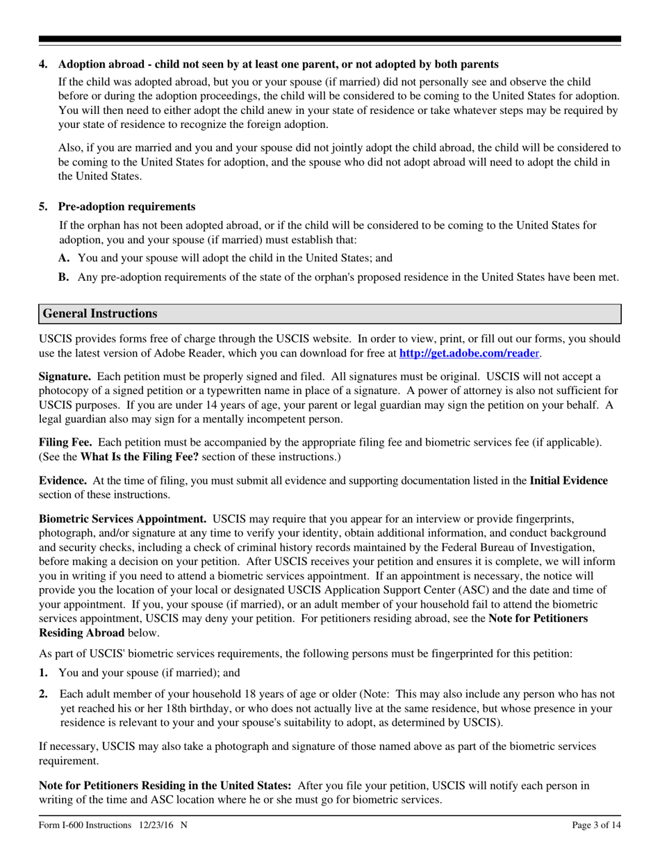 Instructions for USCIS Form I-600 Petition to Classify Orphan as an Immediate Relative, Page 3