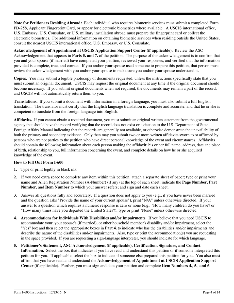 Instructions for USCIS Form I-600 Petition to Classify Orphan as an Immediate Relative, Page 4