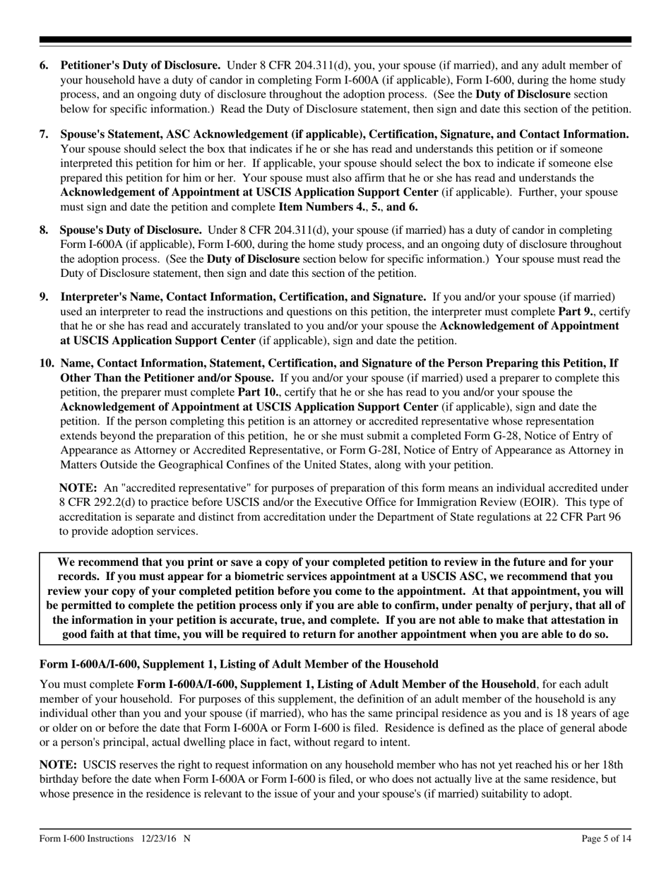 Instructions for USCIS Form I-600 Petition to Classify Orphan as an Immediate Relative, Page 5