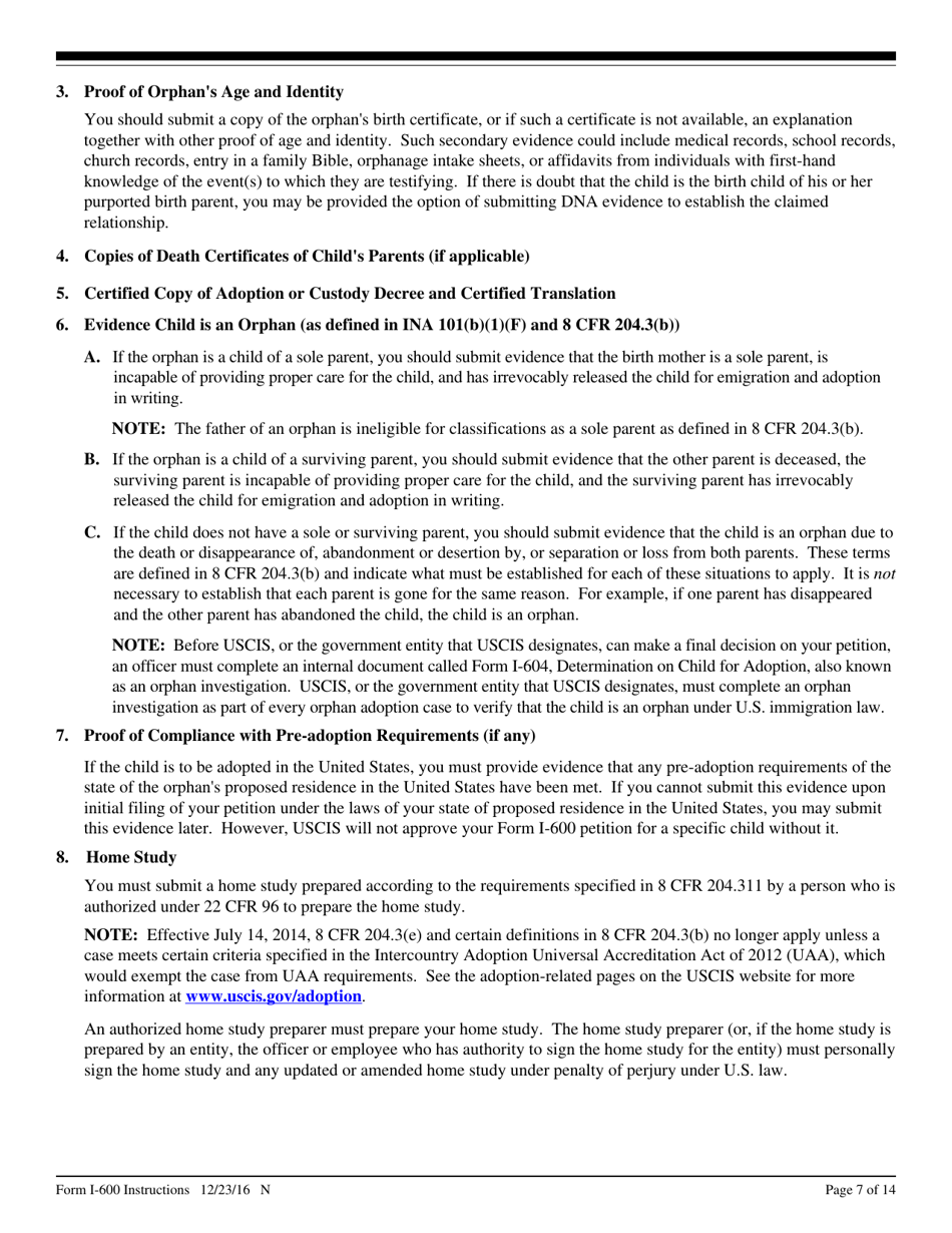 Instructions for USCIS Form I-600 Petition to Classify Orphan as an Immediate Relative, Page 7