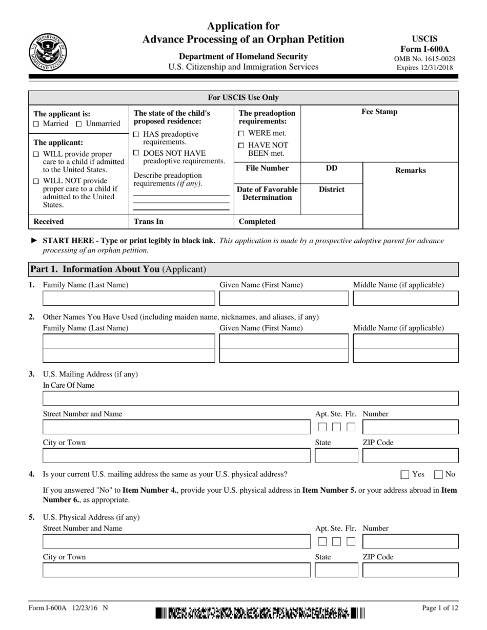 USCIS Form I-600A Application for Advance Processing of an Orphan Petition, Page 1