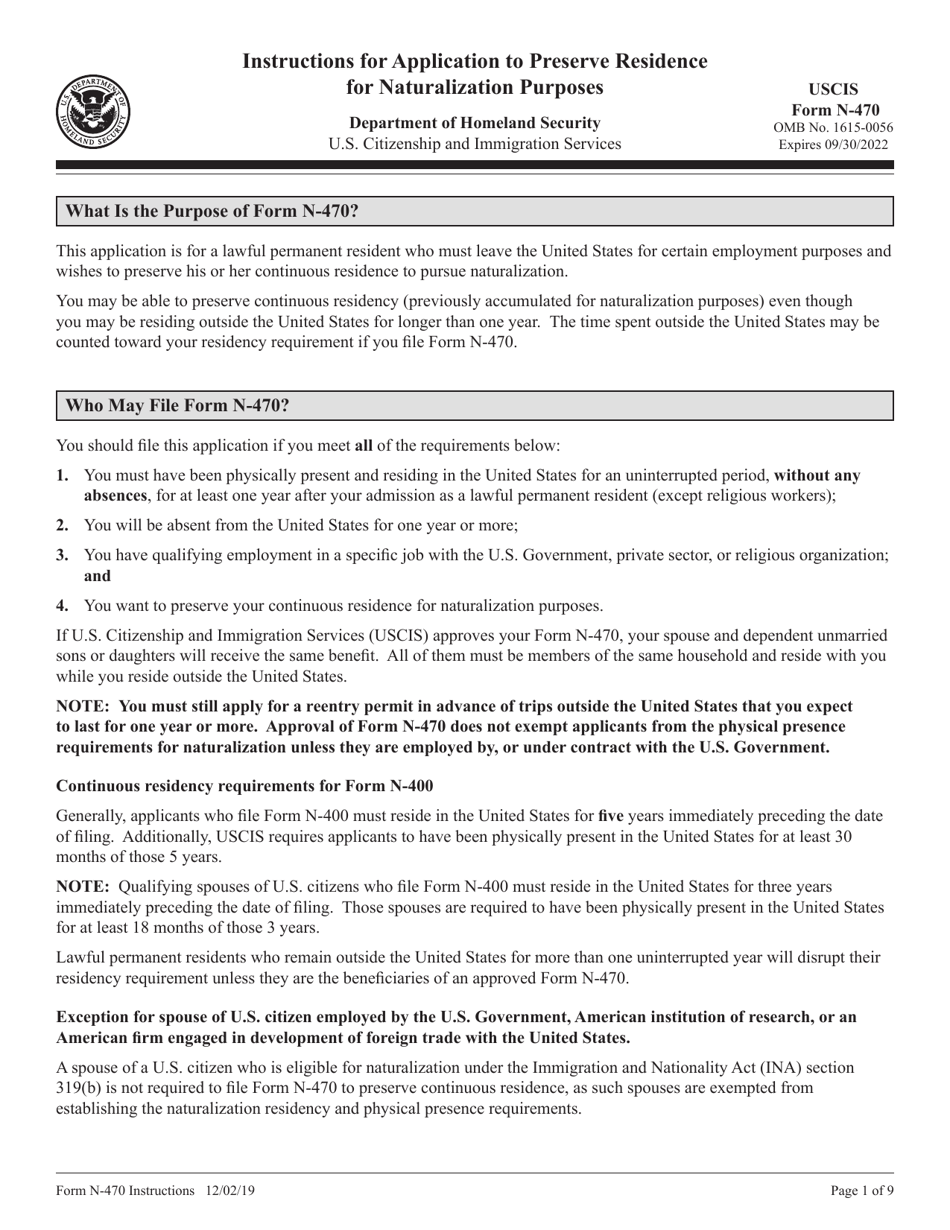 Instructions for USCIS Form N-470 Application to Preserve Residence for Naturalization Purposes, Page 1