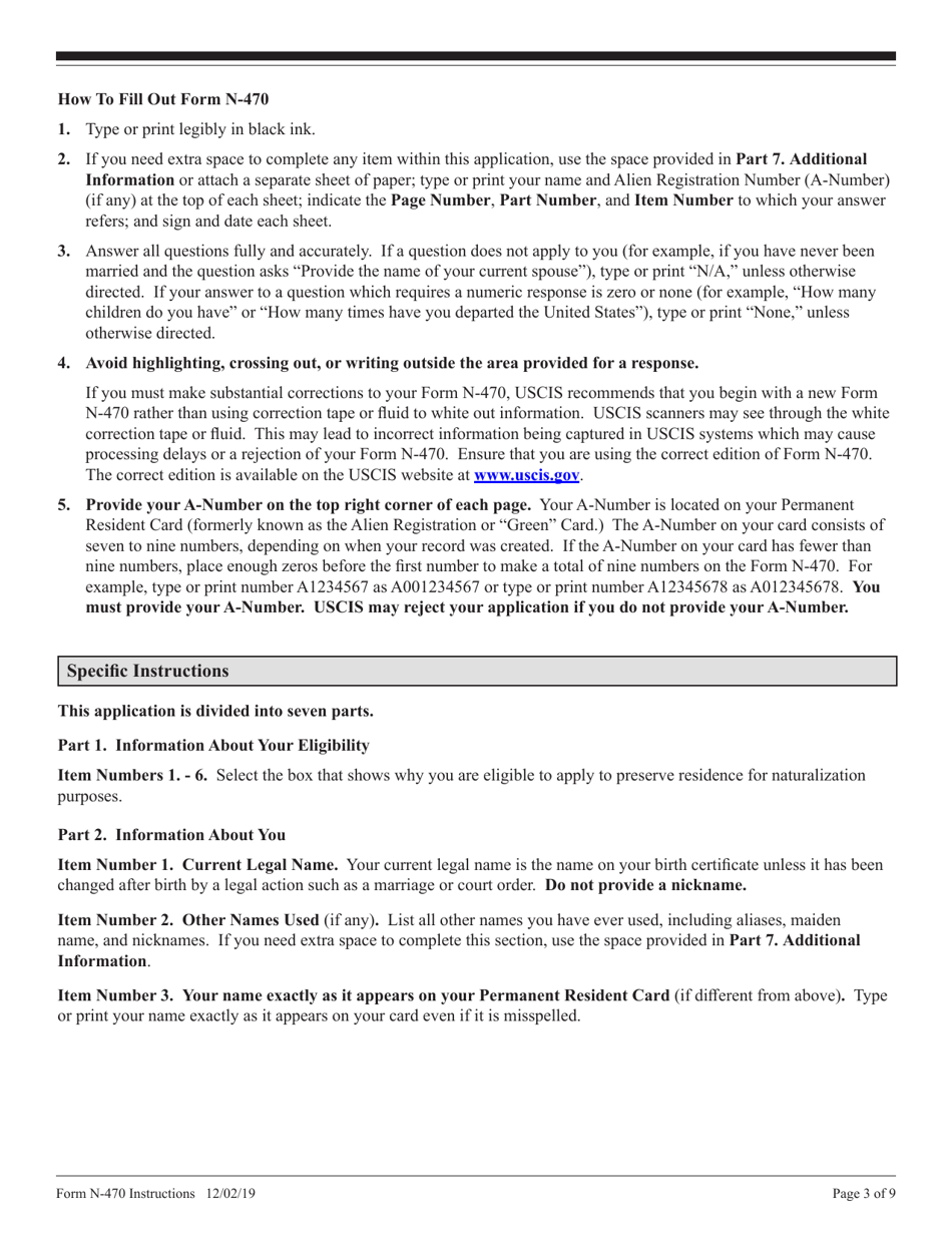 Instructions for USCIS Form N-470 Application to Preserve Residence for Naturalization Purposes, Page 3