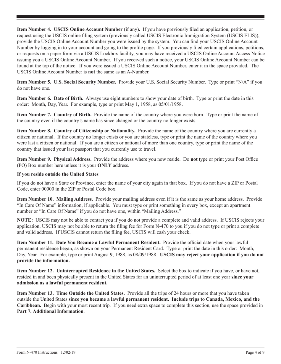 Instructions for USCIS Form N-470 Application to Preserve Residence for Naturalization Purposes, Page 4