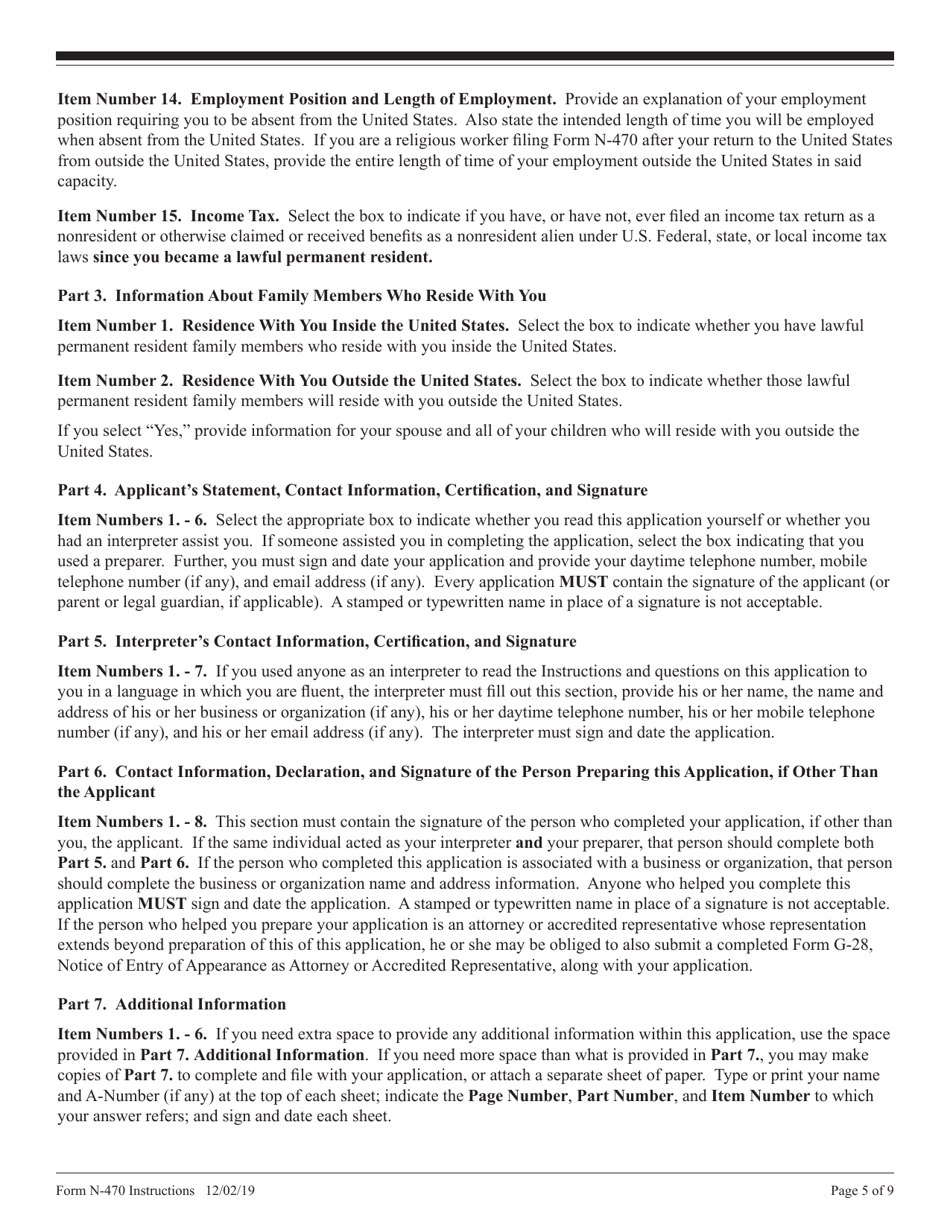 Instructions for USCIS Form N-470 Application to Preserve Residence for Naturalization Purposes, Page 5