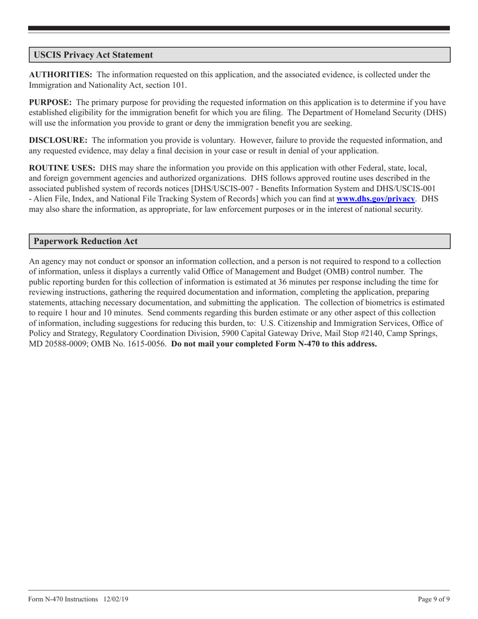 Instructions for USCIS Form N-470 Application to Preserve Residence for Naturalization Purposes, Page 9