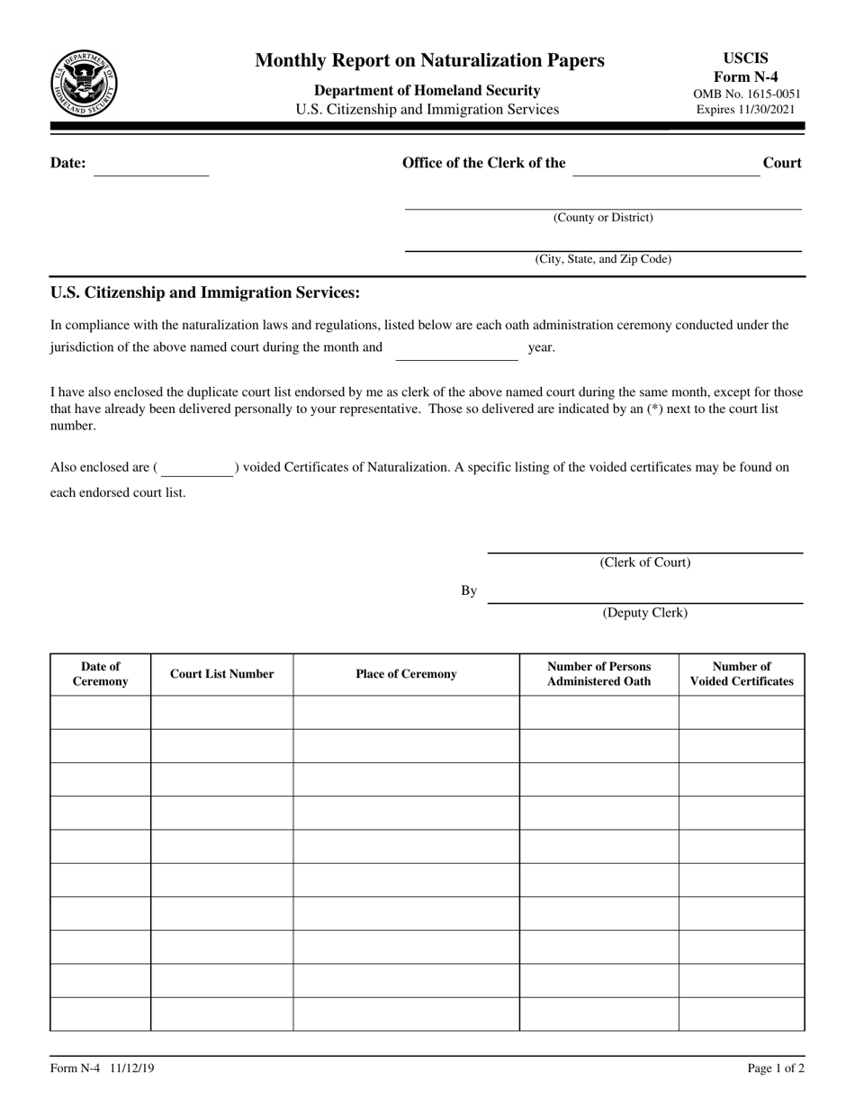 USCIS Form N-4 Monthly Report on Naturalization Papers, Page 1