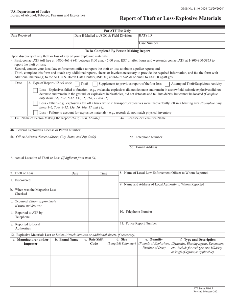 ATF Form 5400.5 Report of Theft or Loss-Explosive Materials, Page 1