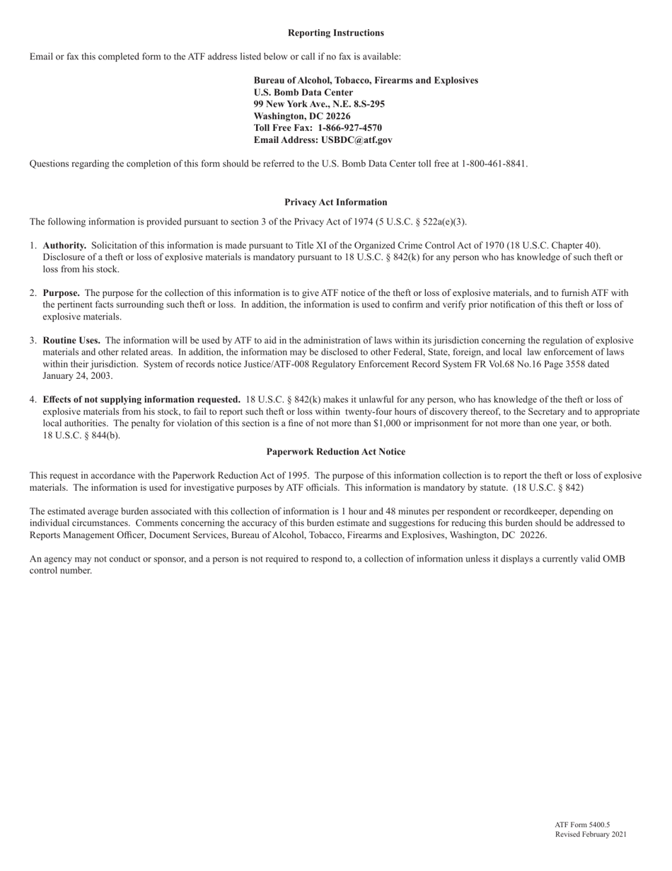 ATF Form 5400.5 Report of Theft or Loss-Explosive Materials, Page 3