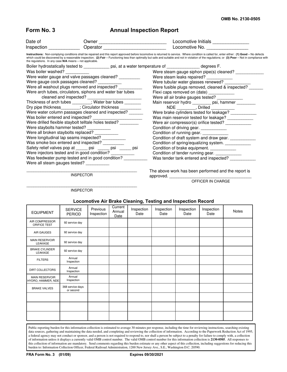 FRA Form 3 Annual Inspection Report, Page 1
