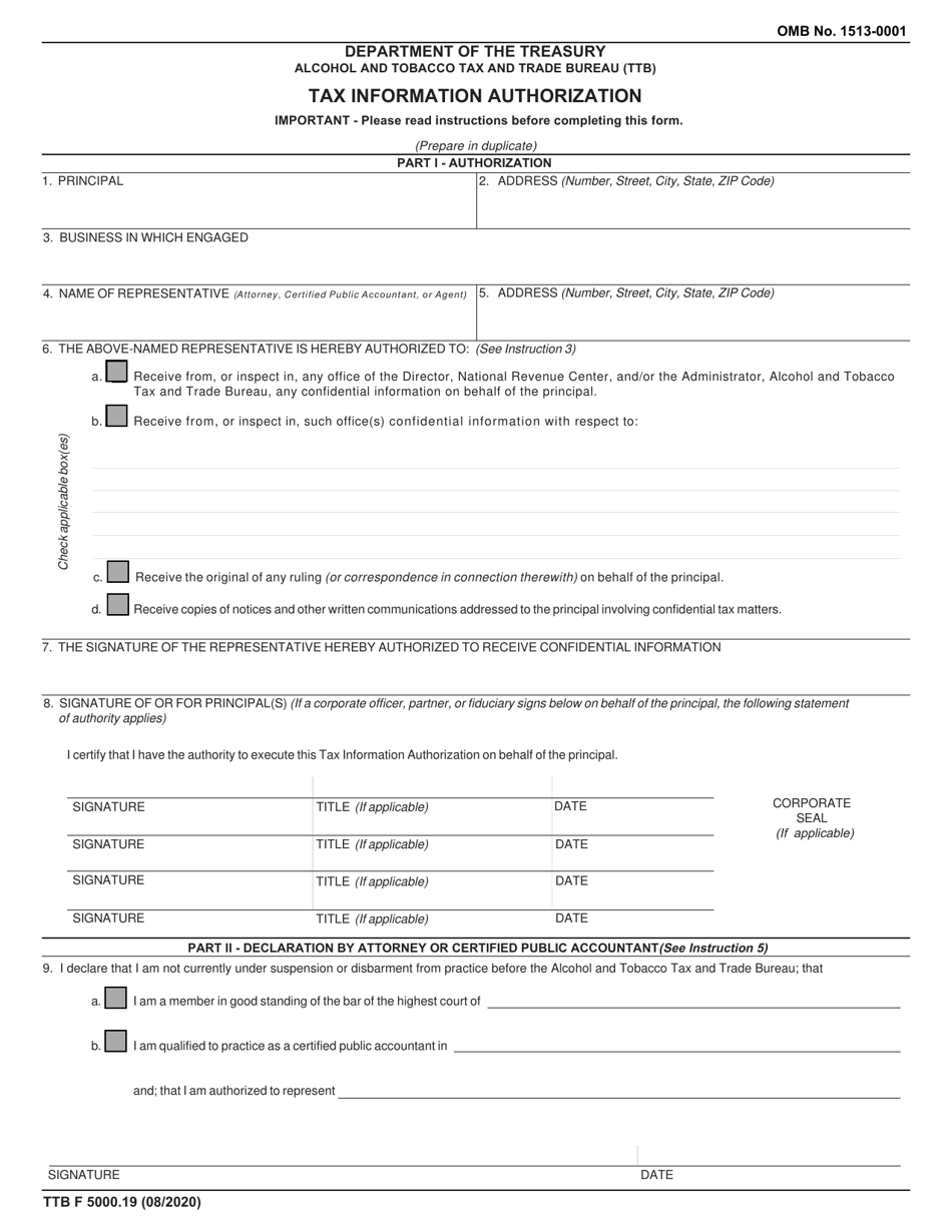 TTB Form 5000.19 Tax Information Authorization, Page 1