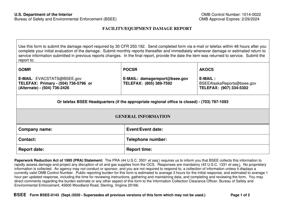 Form BSEE-0143 Facility/Equipment Damage Report, Page 1