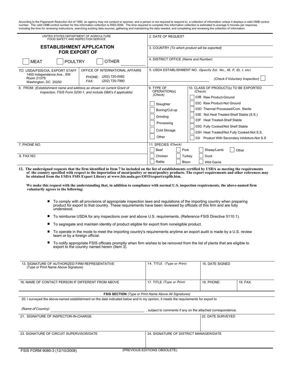 FSIS Form 9080-3 Establishment Application for Export of Meat / Poultry / Other, Page 1