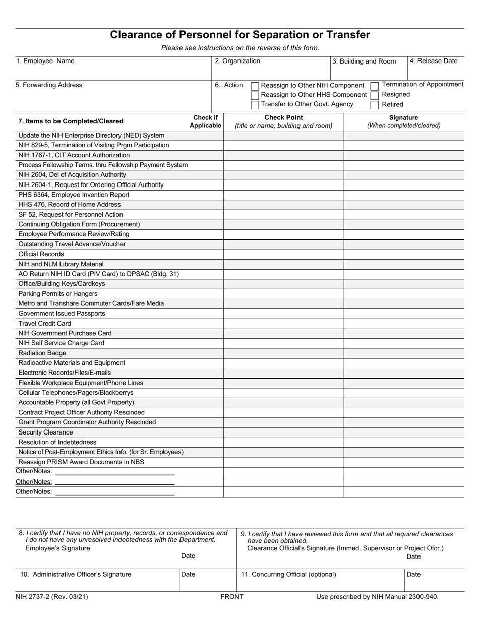 Form NIH2737-2 Clearance of Personnel for Separation or Transfer, Page 1