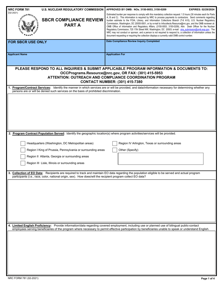 NRC Form 781 Sbcr Compliance Review, Page 1