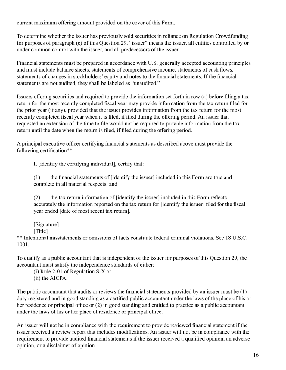 SEC Form 2930 (C) Form Under the Securities Act of 1933, Page 16