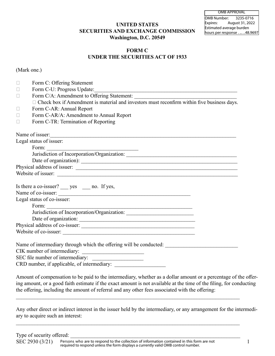 SEC Form 2930 (C) Form Under the Securities Act of 1933, Page 1