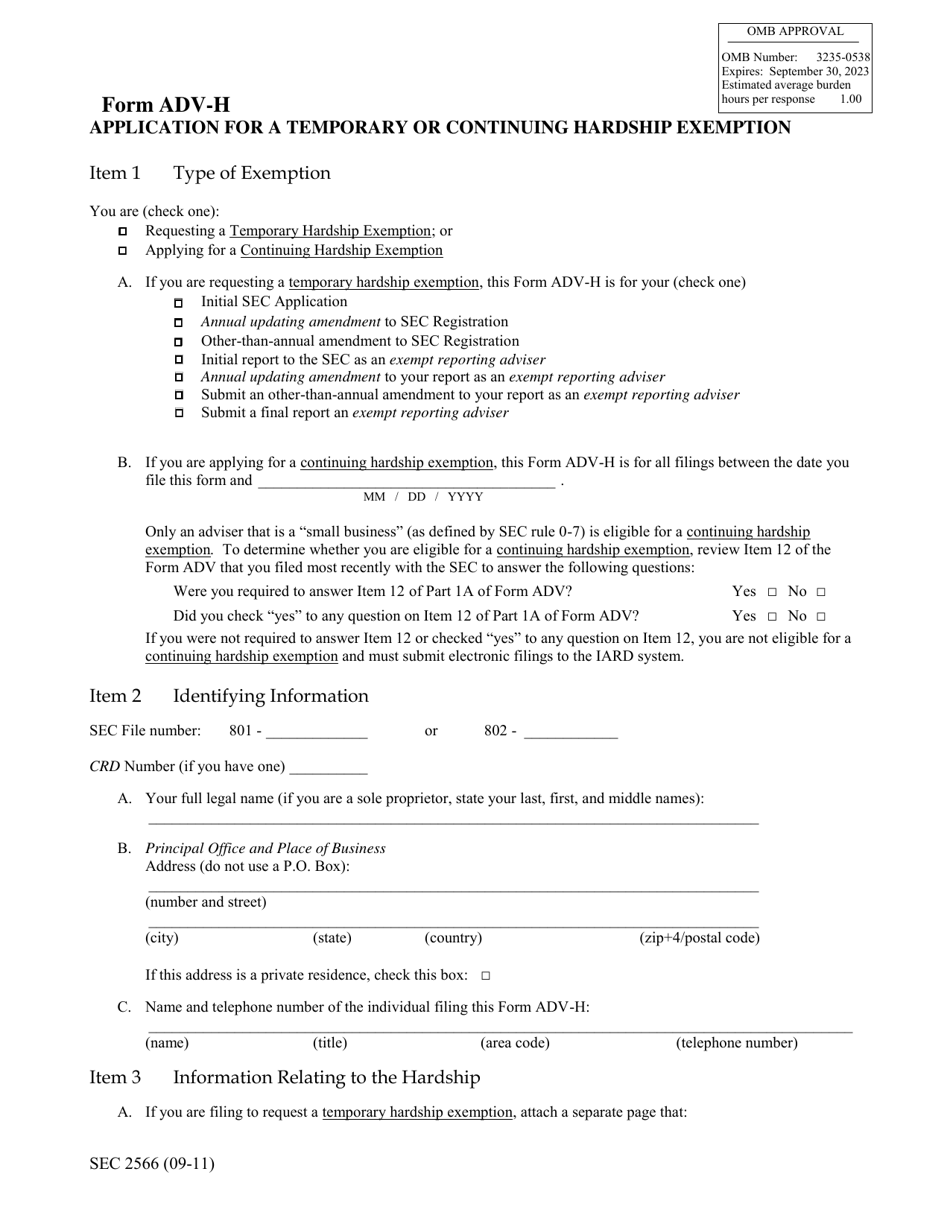 SEC Form 2566 (ADV-H) Application for a Temporary or Continuing Hardship Exemption, Page 1