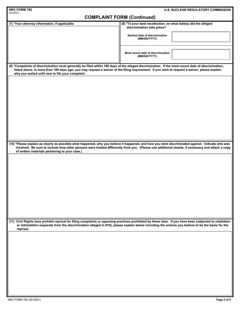 NRC Form 782 Complaint Form, Page 2