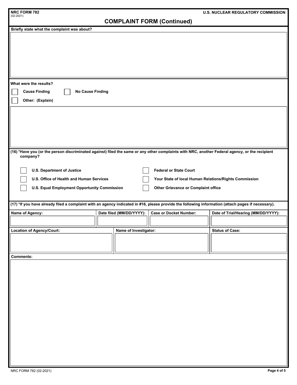 NRC Form 782 Complaint Form, Page 4