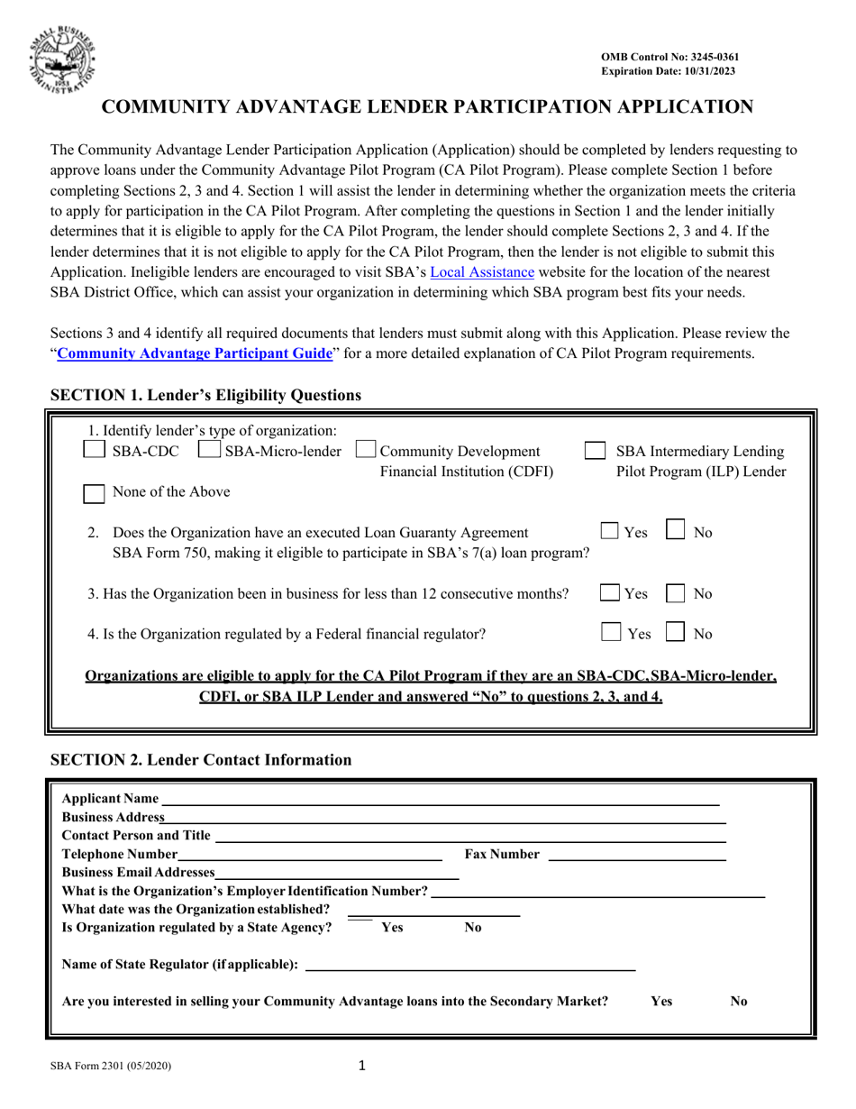 SBA Form 2301 Community Advantage Lender Participation Application, Page 1