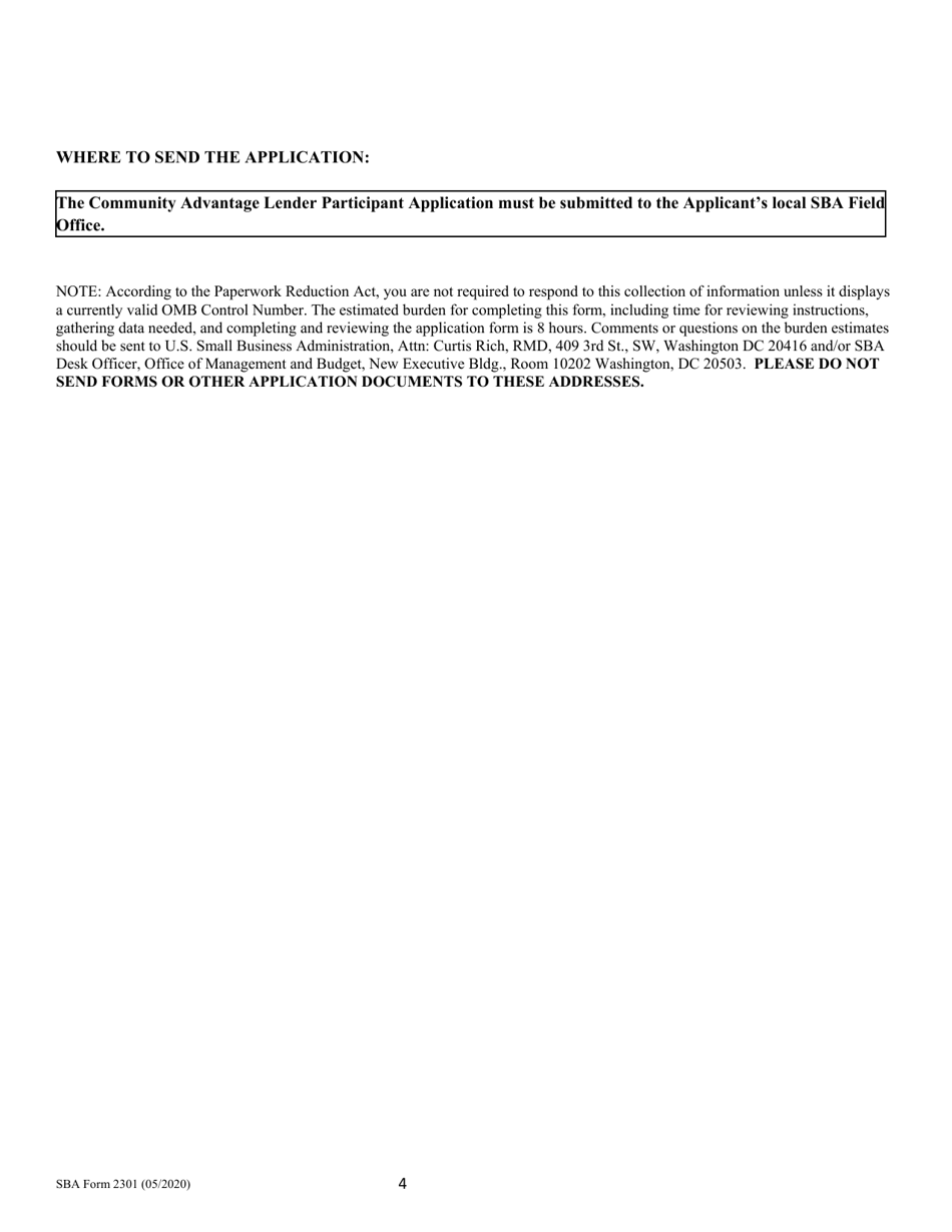 SBA Form 2301 Community Advantage Lender Participation Application, Page 4