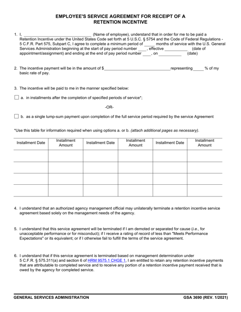 GSA Form 3690 Employee's Service Agreement for Receipt of a Retention Incentive