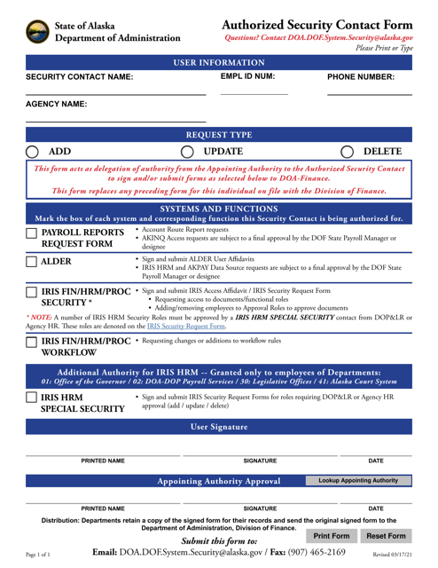 Authorized Security Contact Form - Alaska Download Pdf