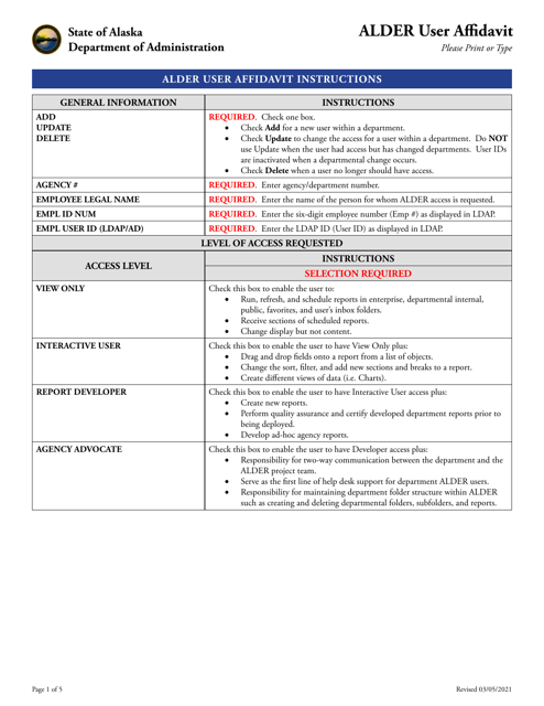 Alder User Affidavit - Alaska Download Pdf