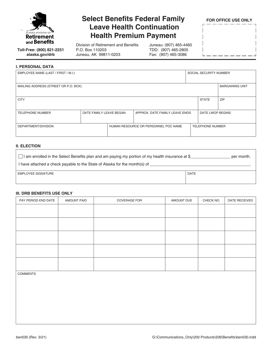 Form BEN030 Select Benefits Federal Family Leave Health Continuation Health Premium Payment - Alaska, Page 1