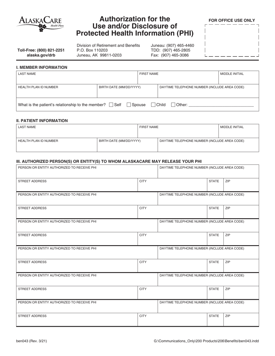 Form BEN043 Authorization for the Use and / or Disclosure of Protected Health Information (Phi) - Alaska, Page 1