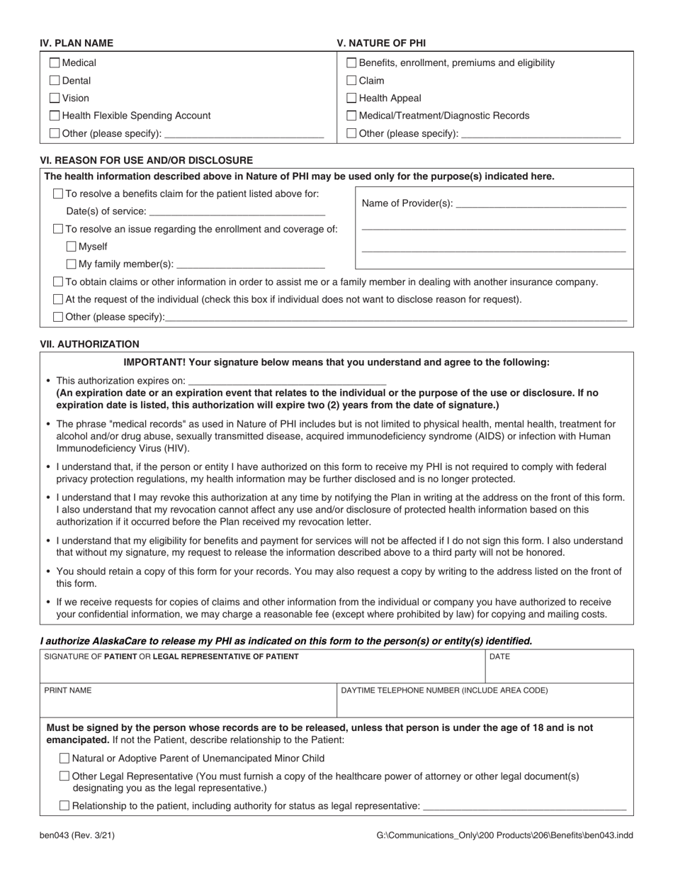 Form BEN043 Authorization for the Use and / or Disclosure of Protected Health Information (Phi) - Alaska, Page 2
