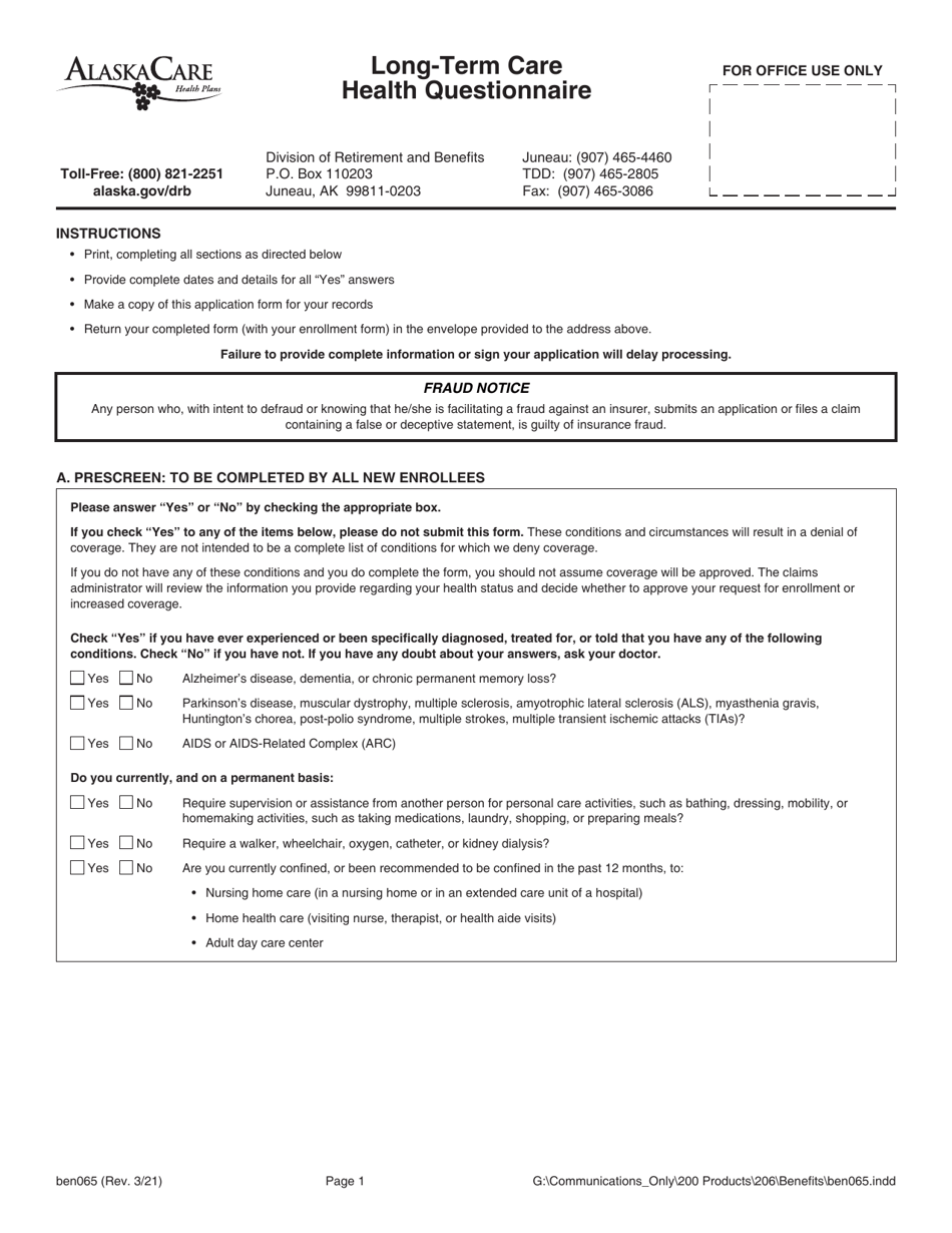 Form BEN065 Long-Term Care Health Questionnaire - Alaska, Page 1