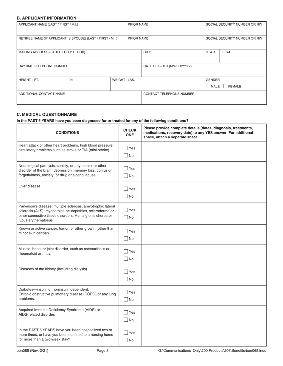 Form BEN065 Download Fillable PDF or Fill Online Long-Term Care Health ...