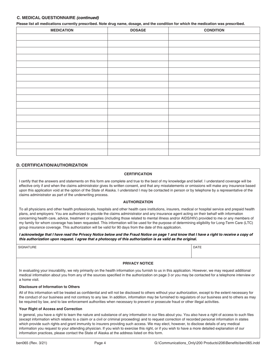Form BEN065 Long-Term Care Health Questionnaire - Alaska, Page 4