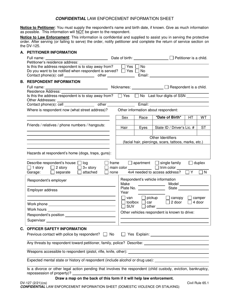 Form DV-127 Confidential Law Enforcement Information Sheet - Alaska, Page 1