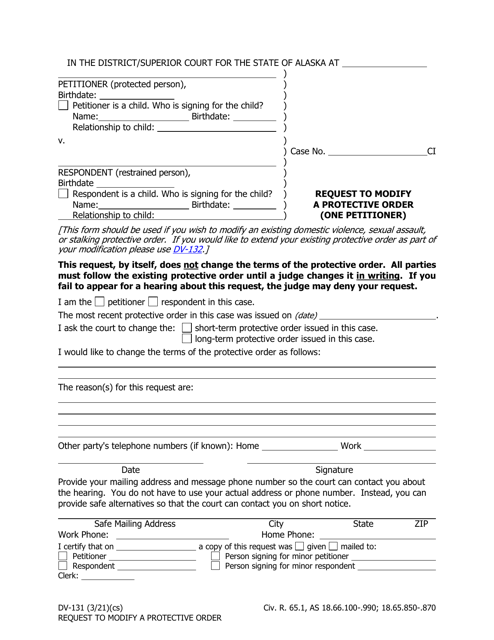 Form DV-131 Request to Modify a Protective Order (One Petitioner) - Alaska
